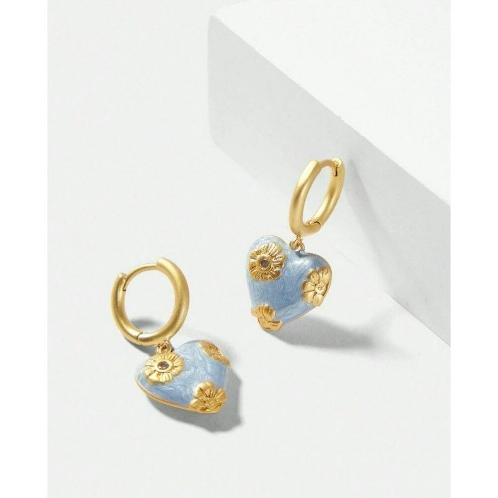Gold-Plated Heart Hoop‎ Earrings With Blue Enamel & Floral Detailing